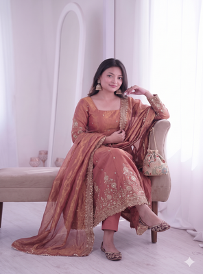 peach embroidered anarkali suit set with dupatta 3
