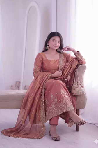 peach embroidered anarkali suit set with dupatta