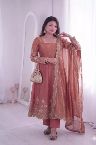 peach embroidered anarkali suit set with dupatta