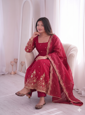 red embroidered anarkali suit set with dupatta 3