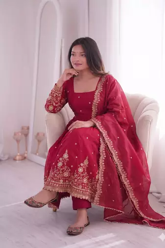 red embroidered anarkali suit set with dupatta