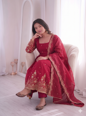red embroidered anarkali suit set with dupatta 4