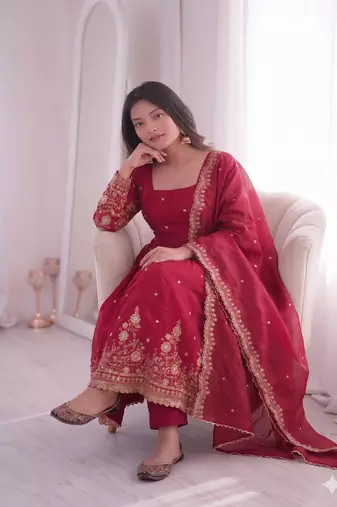 red embroidered anarkali suit set with dupatta