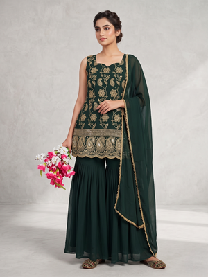 Women   s designer green embroidered sharara suit set with dupatta 1