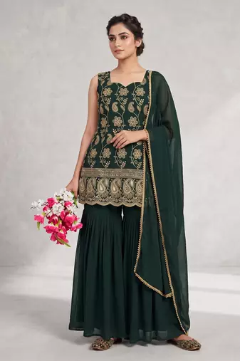 Women’s designer green embroidered sharara suit set with dupatta