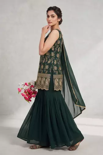 Women   s designer green embroidered sharara suit set with dupatta