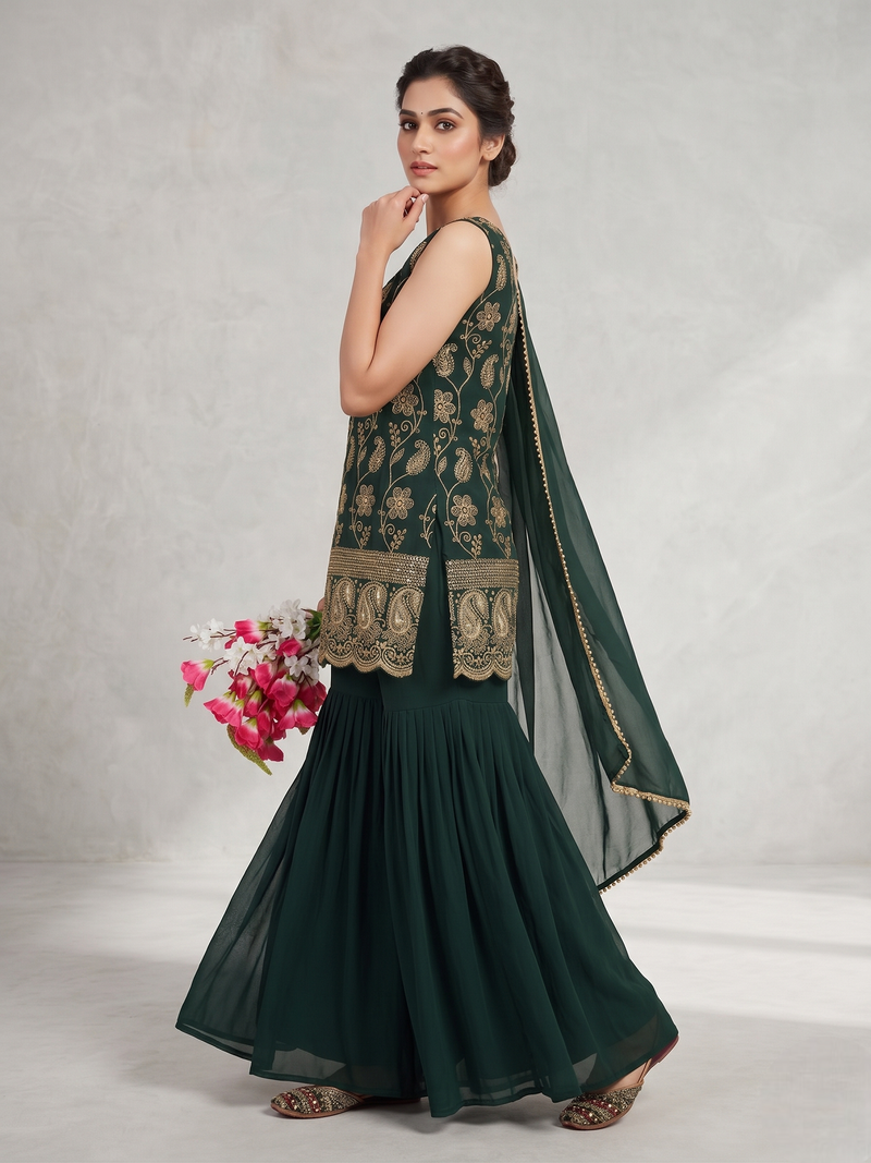 Women’s designer green embroidered sharara suit set with dupatta