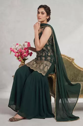 Women   s designer green embroidered sharara suit set with dupatta