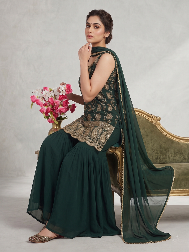 Women’s designer green embroidered sharara suit set with dupatta