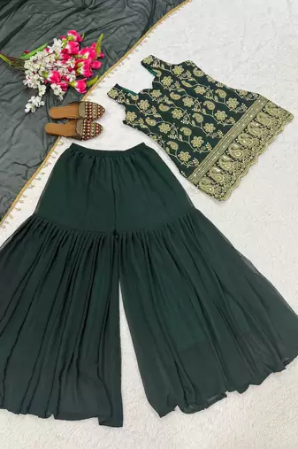 Women   s designer green embroidered sharara suit set with dupatta