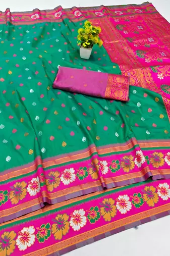 Rama zari woven banarasi silk blend saree with blouse piece