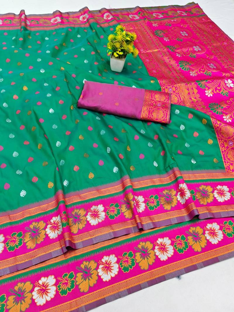 Rama zari woven banarasi silk blend traditional saree with blouse piece