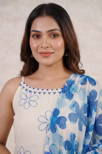 Women  s off-white straight cotton kurta pant set with floral organza dupatta set