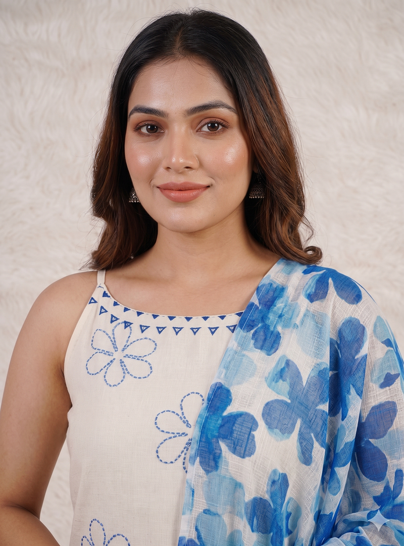 Women   s off-white straight cotton kurta pant set with floral organza dupatta set