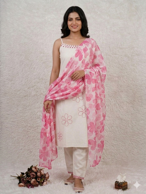 Women s straight cotton kurta pant set with floral organza dupatta set 1