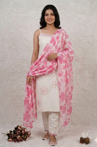 Women   s straight cotton kurta pant set with floral organza dupatta set