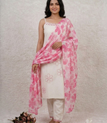 Women   s straight cotton kurta pant set with floral organza dupatta set