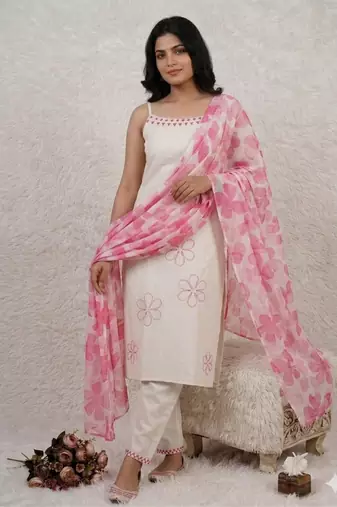 Women  s straight cotton kurta pant set with floral organza dupatta set
