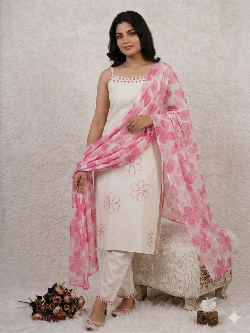 Women   s straight cotton kurta pant set with floral organza dupatta set