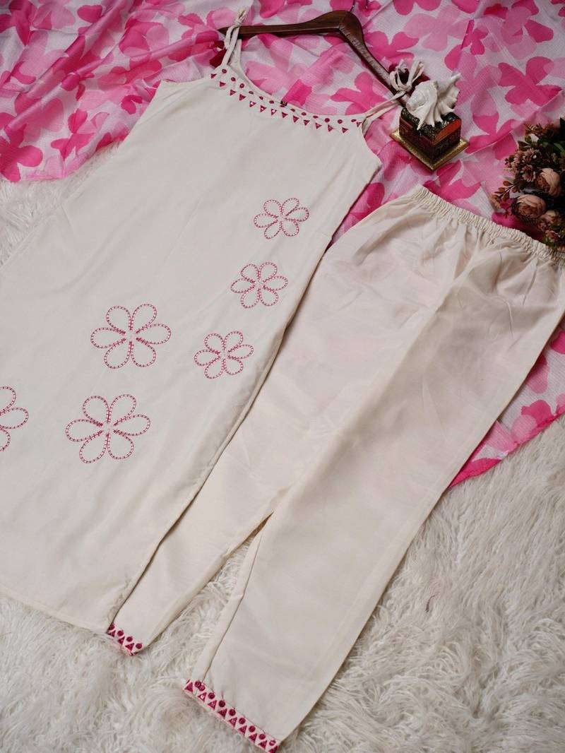 Women   s straight cotton kurta pant set with floral organza dupatta set