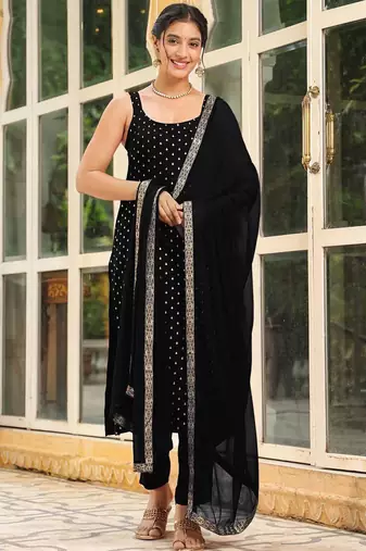 Womens new elegant black embroidered kurti with matching bottom set