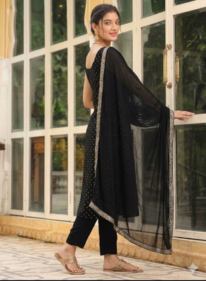 Womens black embroidered kurti with matching bottom set 2