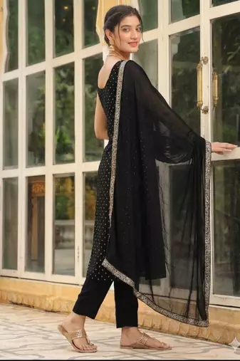 Womens new elegant black embroidered kurti with matching bottom set
