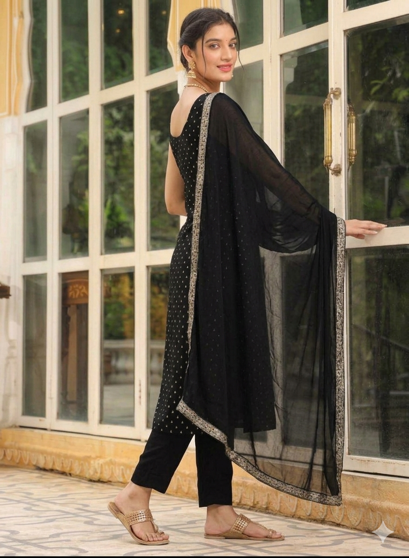 Womens new elegant black embroidered kurti with matching bottom set