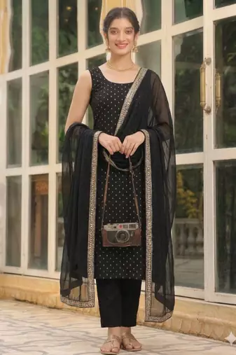 Womens new elegant black embroidered kurti with matching bottom set