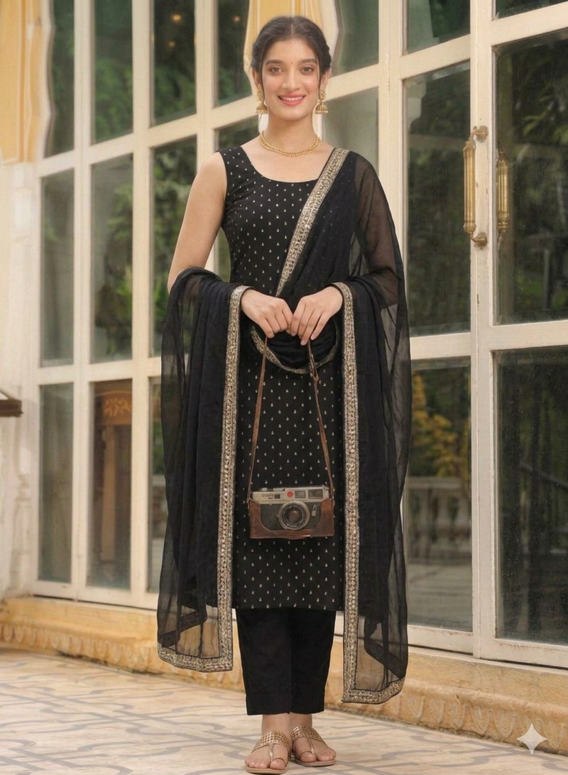 Womens new elegant black embroidered kurti with matching bottom set