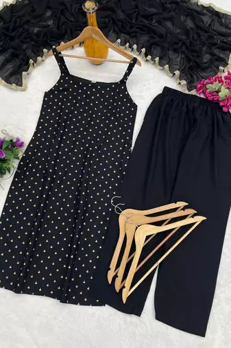 Womens new elegant black embroidered kurti with matching bottom set