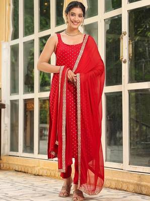 Womens  red embroidered kurti with matching bottom set 1
