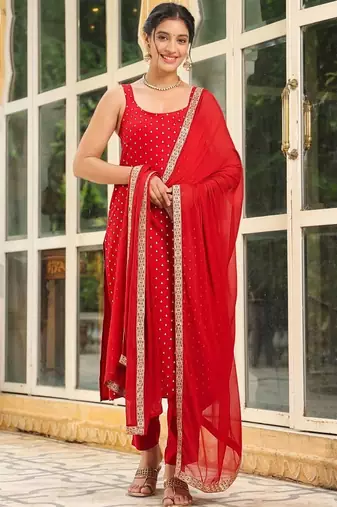 Womens new elegant red embroidered kurti with matching bottom set