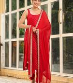 Womens new elegant red embroidered kurti with matching bottom set