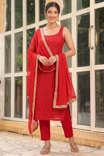 Womens new elegant red embroidered kurti with matching bottom set