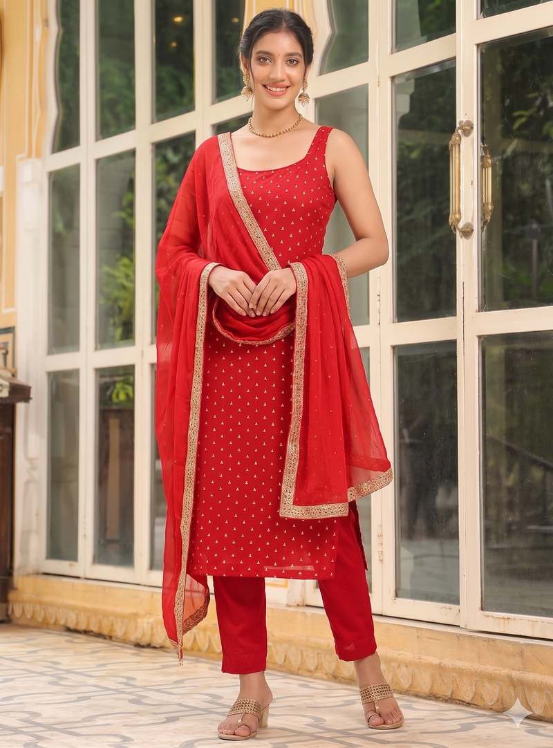 Womens new elegant red embroidered kurti with matching bottom set