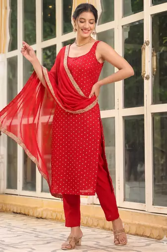 Womens new elegant red embroidered kurti with matching bottom set