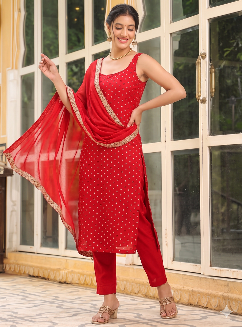 Womens new elegant red embroidered kurti with matching bottom set
