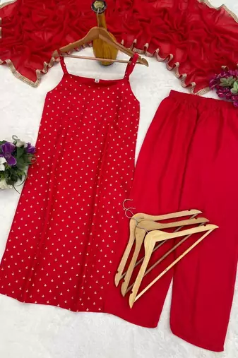 Womens new elegant red embroidered kurti with matching bottom set
