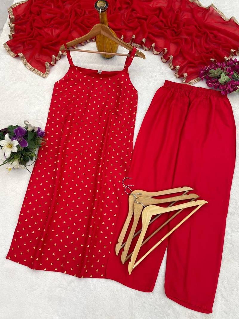 Womens new elegant red embroidered kurti with matching bottom set