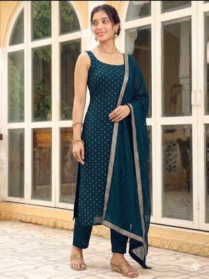 Womens  teal embroidered kurti with matching bottom set 1