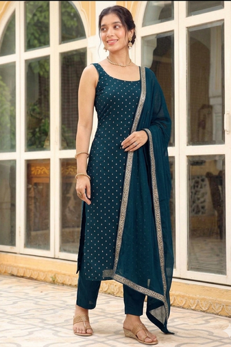 Womens new elegant teal embroidered kurti with matching bottom set