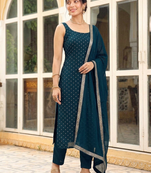 Womens new elegant teal embroidered kurti with matching bottom set