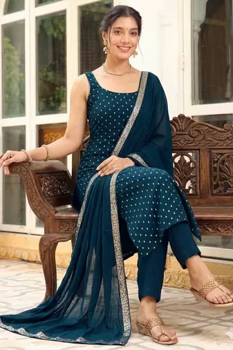 Womens new elegant teal embroidered kurti with matching bottom set
