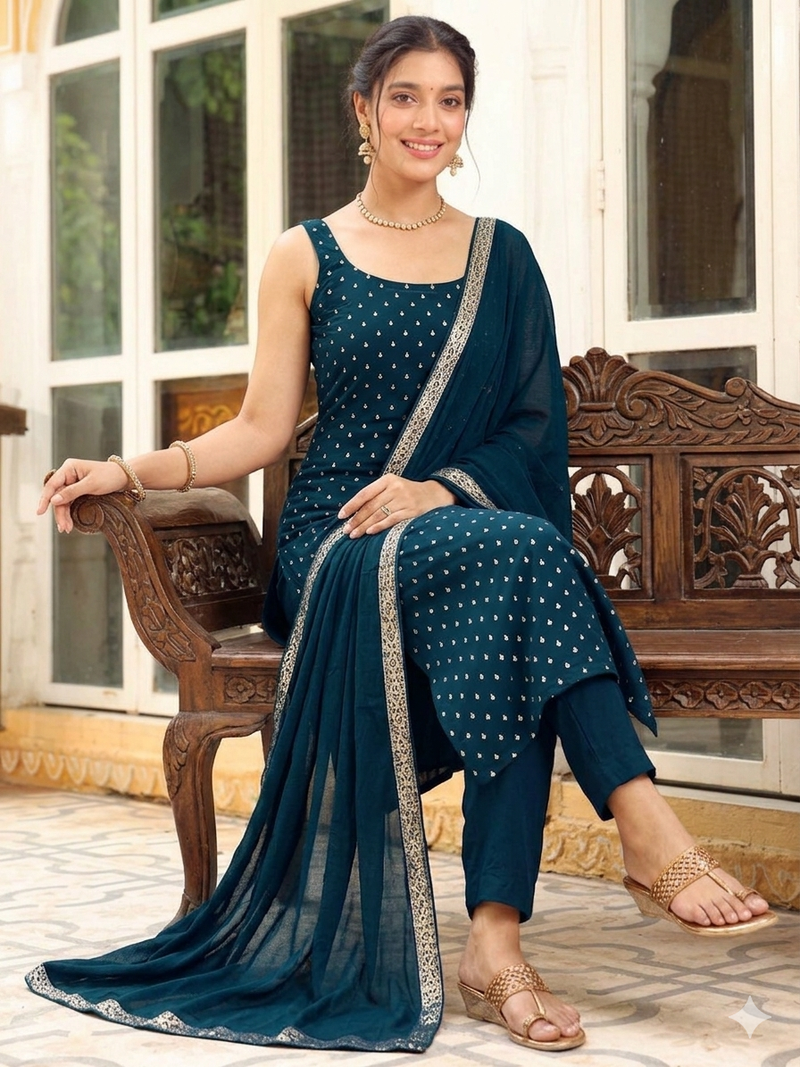 Womens new elegant teal embroidered kurti with matching bottom set