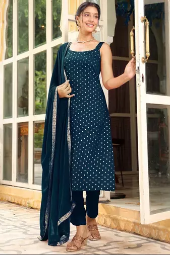 Womens new elegant teal embroidered kurti with matching bottom set