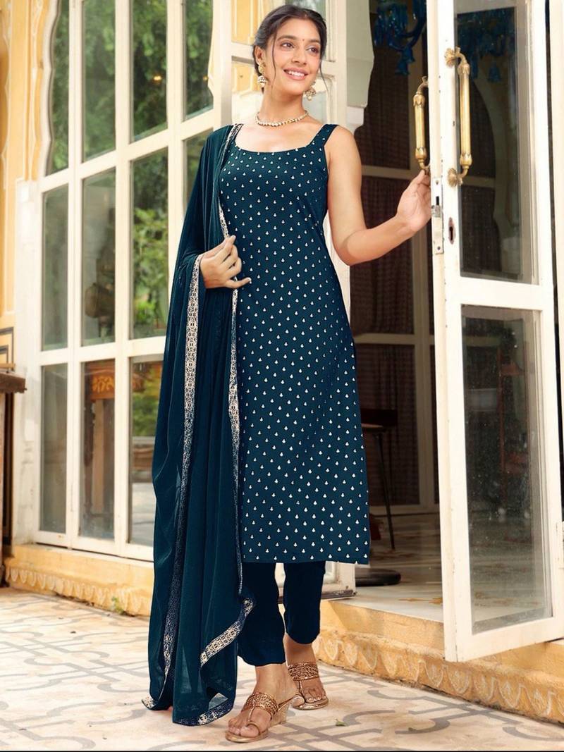 Womens new elegant teal embroidered kurti with matching bottom set