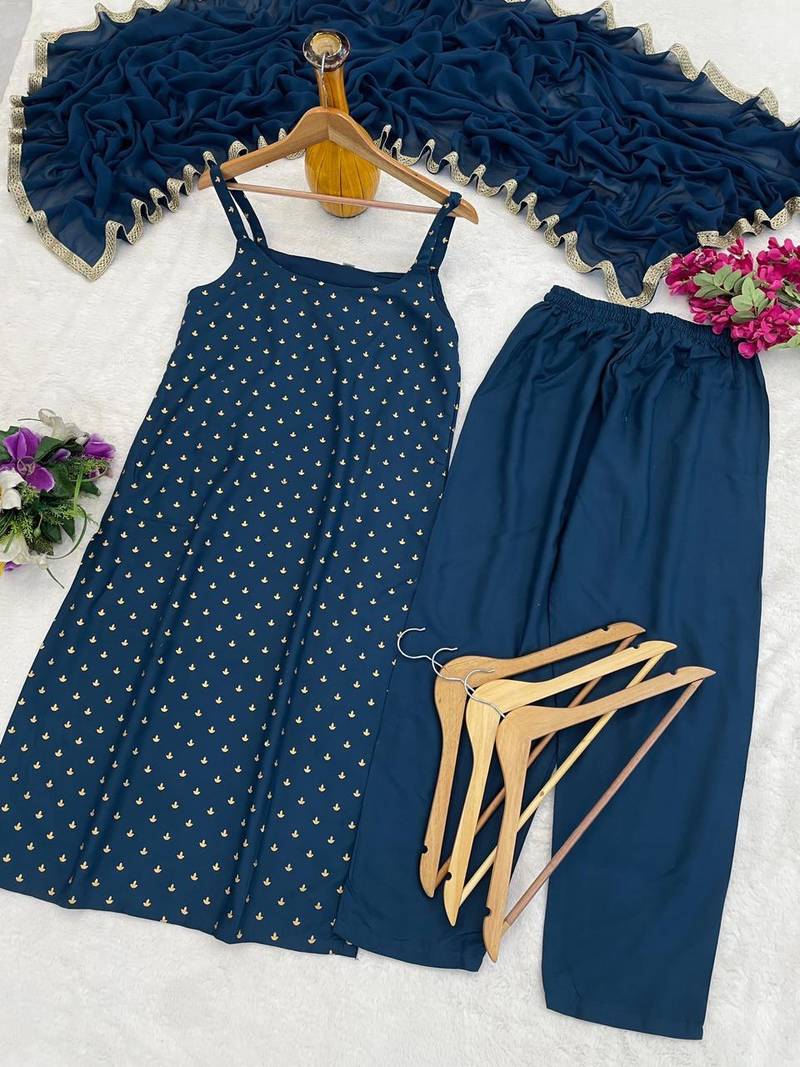 Womens new elegant teal embroidered kurti with matching bottom set