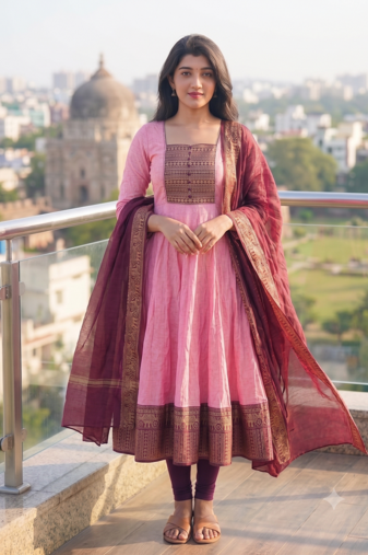 Womens pink anarkali gown with embroidered yoke contrasting wine dupatta set
