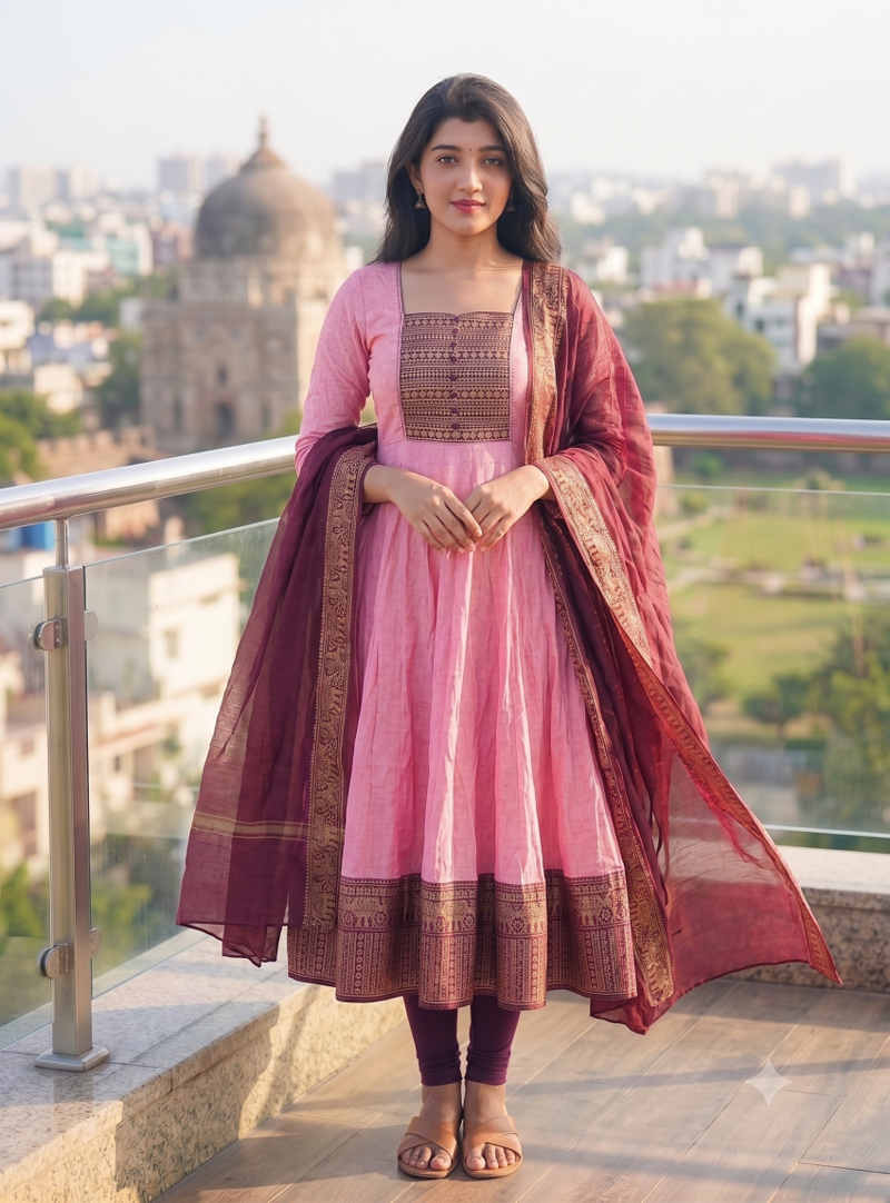 Womens pink anarkali gown with embroidered yoke contrasting wine dupatta set